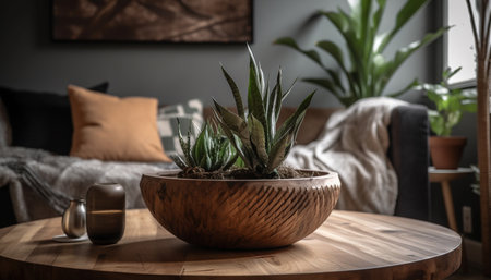 Comfortable modern bedroom with rustic potted plants generated by artificial intelligenceの素材