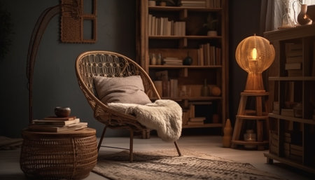 Cozy living room with modern bookshelf decoration generated by artificial intelligenceの素材