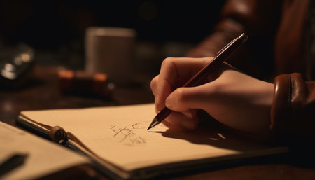 Human hand holding pencil, writing on paper generated by artificial intelligenceの素材