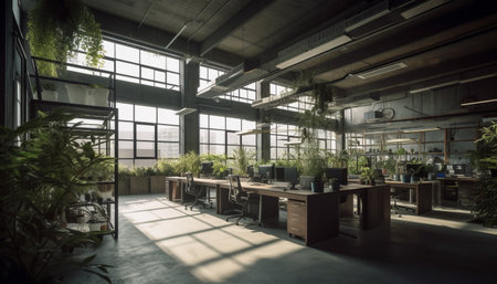 Modern architecture inside office with glass walls generated by artificial intelligenceの素材