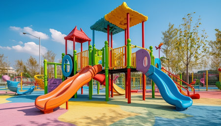 Child playing on multi colored plastic slide outdoors generated by artificial intelligenceの素材
