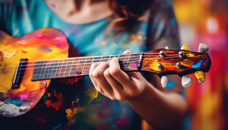 Child guitarist plucks strings, learning creativity and skill generated by artificial intelligenceの素材