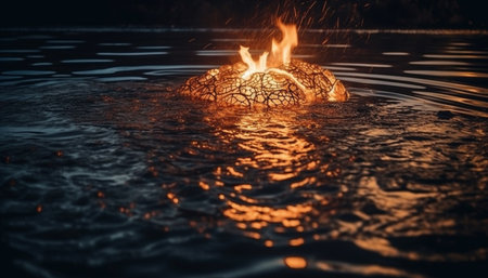 Glowing bonfire reflects on tranquil wet pond generated by artificial intelligenceの素材