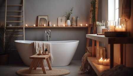 Luxury bathtub, elegant candle, modern design, comfortable towel generated by artificial intelligenceの素材