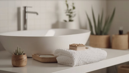 Luxury bathroom design with elegant orchid decoration generated by artificial intelligenceの素材