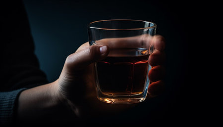 Caucasian hand pouring whiskey into drinking glass generated by artificial intelligenceの素材