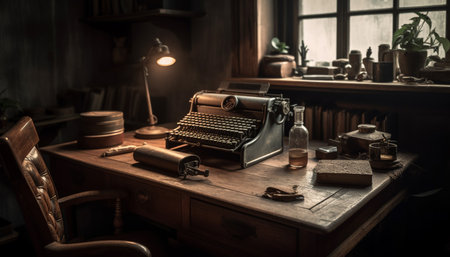Antique typewriter on rustic wooden desk indoors generated by artificial intelligenceの素材