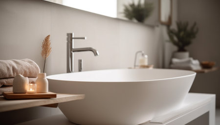 Clean, modern bathroom with luxury bathtub and sink generated by artificial intelligenceの素材
