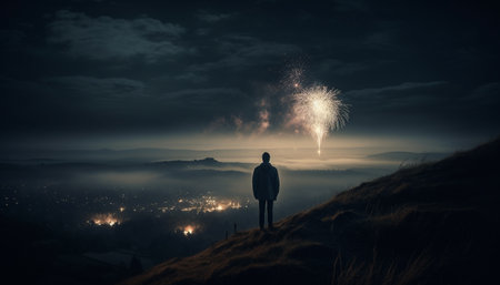 Silhouette standing on mountain peak at sunset generated by artificial intelligenceの素材