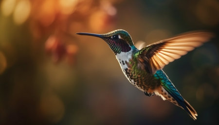 Iridescent hummingbird hovering, pollinating, vibrant blue flower generated by artificial intelligenceの素材