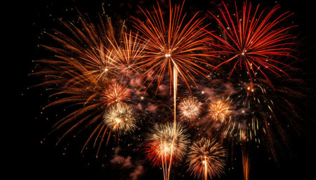 Vibrant fireworks illuminate dark summer night sky generated by artificial intelligenceの素材