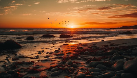 Silhouette of seagull flying over tranquil waters generated by artificial intelligenceの素材