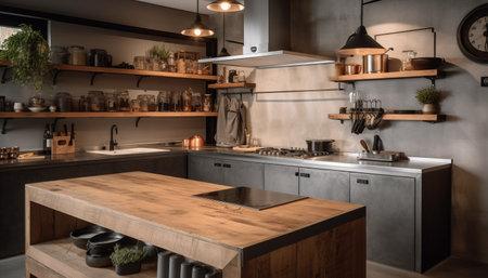 Modern kitchen design with stainless steel appliances generated by artificial intelligenceの素材