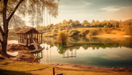 Tranquil sunset over forest reflects on water generated by artificial intelligenceの素材