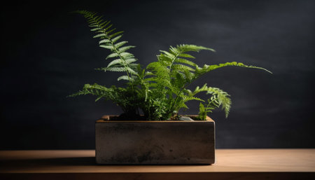 Fresh green fern in black vase indoors generated by artificial intelligenceの素材