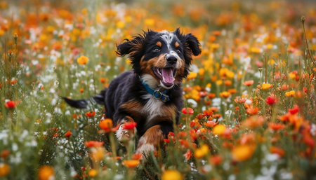 Cute puppy running in meadow with joy generated by artificial intelligenceの素材
