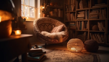 Cozy living room with old fashioned bookshelf decoration generated by artificial intelligenceの素材