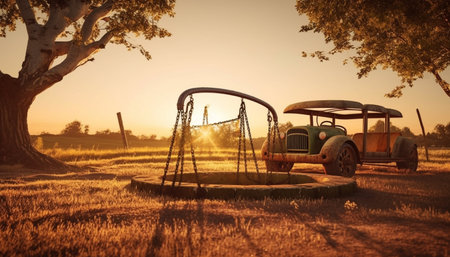 Sunset over rural landscape, old truck abandoned generated by artificial intelligenceの素材