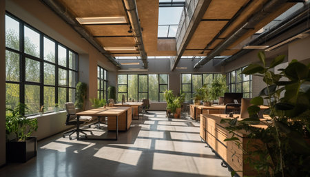 Modern office design with elegant glass architecture generated by artificial intelligenceの素材