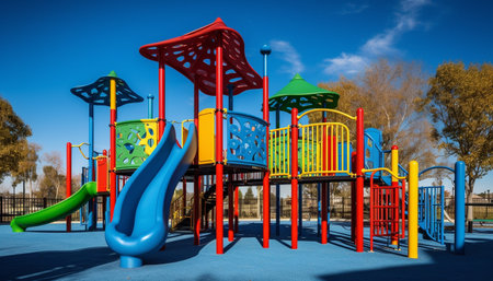 Childhood joy playing on multi colored playground equipment generated by artificial intelligenceの素材