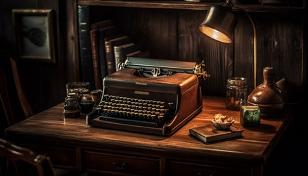 Antique typewriter on rustic table, still life generated by artificial intelligenceの素材