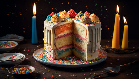 Sweet celebration with chocolate cake and candles generated by artificial intelligenceの素材