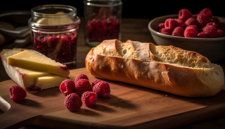 Fresh gourmet fruit snack on rustic wooden table generated by artificial intelligenceの素材