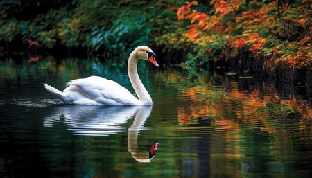 Majestic swan reflects natural beauty in tranquil pond generated by artificial intelligenceの素材