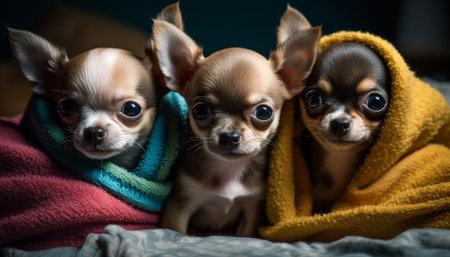 Small, cute lap dogs playing on bed generated by artificial intelligenceの素材