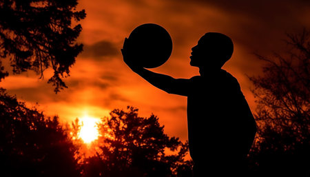 Silhouetted men playing sports in orange sunset generated by artificial intelligenceの素材