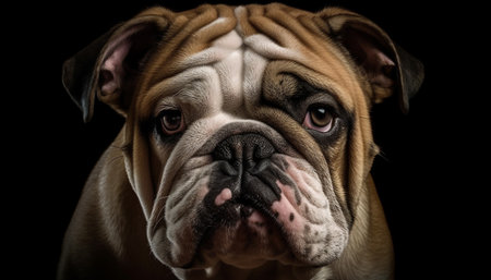 Cute bulldog puppy looking sad indoors, close up portrait generated by artificial intelligenceの素材