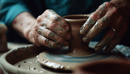 Craftsperson turning clay on pottery wheel, shaping vase generated by artificial intelligenceの素材