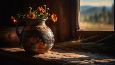 Rustic flower pot decoration on old table generated by artificial intelligenceの素材