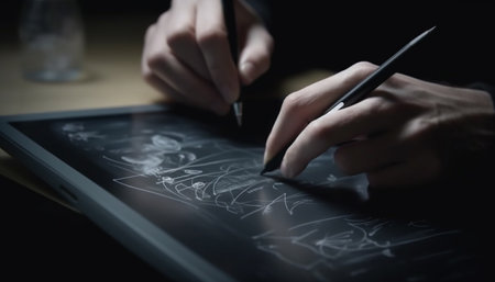 Human hand holding pencil, sketching on paper generated by artificial intelligenceの素材