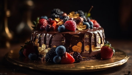 Whipped cream and berries top chocolate cake generated by artificial intelligenceの素材