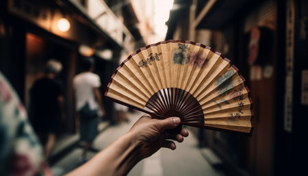 Women and men holding fans at performance event generated by artificial intelligenceの素材