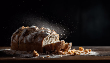 Freshly baked whole wheat bread on wooden table generated by artificial intelligenceの素材