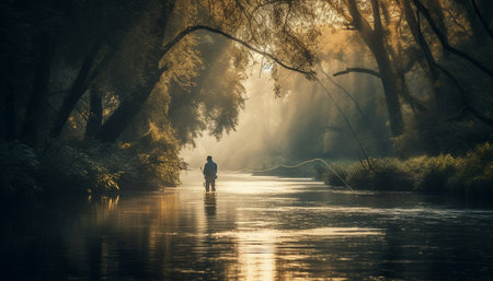 Walking through foggy forest, autumn leaves crunching generated by artificial intelligenceの素材