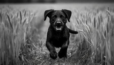 Cute puppy running in summer grass, playful generated by artificial intelligenceの素材
