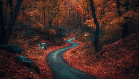 Hiking through the forest, autumn leaves crunch generated by artificial intelligenceの素材
