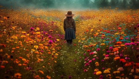 Walking through wildflowers, happiness in sunlight generated by artificial intelligenceの素材