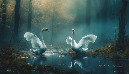 Majestic swan glides on tranquil pond water generated by artificial intelligenceの素材