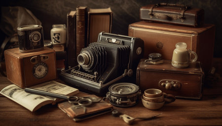 Antique camera on table, capturing memories past generated by artificial intelligenceの素材
