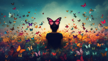 Butterflies flying in a colorful summer garden generated by artificial intelligenceの素材
