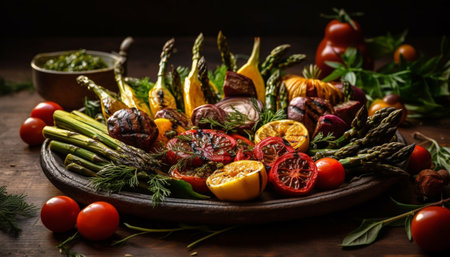 Healthy vegetarian meal with fresh organic ingredients generated by artificial intelligenceの素材