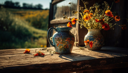 Rustic vase on old table, fresh flower bouquet generated by artificial intelligenceの素材
