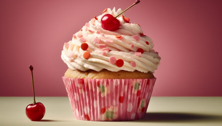Pink gourmet cupcake with strawberry icing decoration generated by artificial intelligenceの素材
