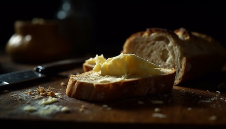 Freshly baked whole wheat bread on cutting board generated by artificial intelligenceの素材