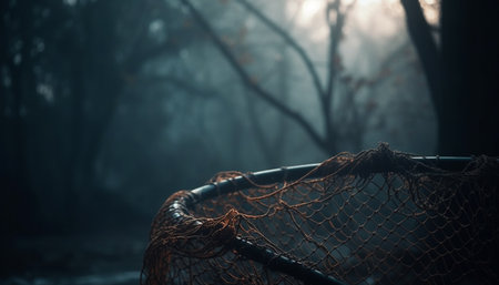 Spooky fog shrouds dark forest, catching fish generated by artificial intelligenceの素材