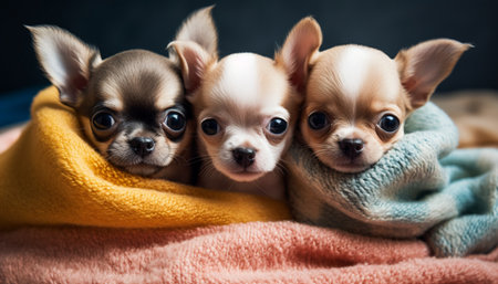 Cute small puppy sitting on comfortable bed generated by artificial intelligenceの素材